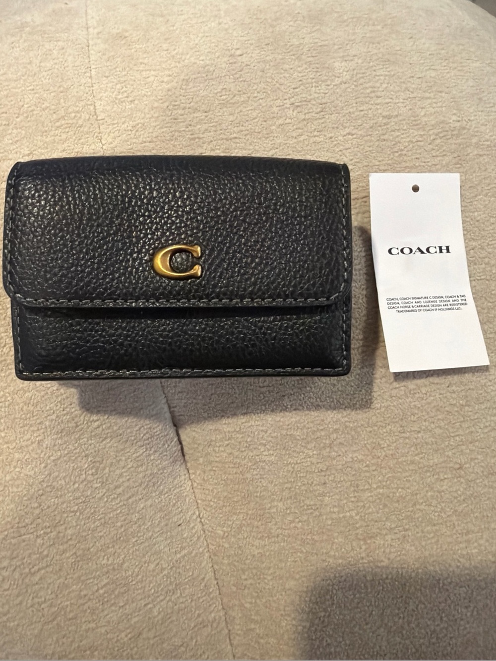 COACH Polished Pebble Leather Essential Mini Trifold Wallet Black One Size NWT